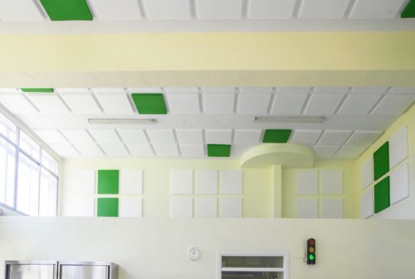 Placas ecológicas para absorción de ruido y ecos en comedor escolar